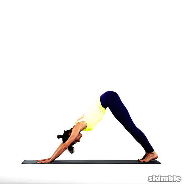 Start on your hands and  transition into plank position. Lift your hips back until your legs extend so you are in an upside-down “V,” aligning your ears and arms while maintaining a neutral neck and spine.